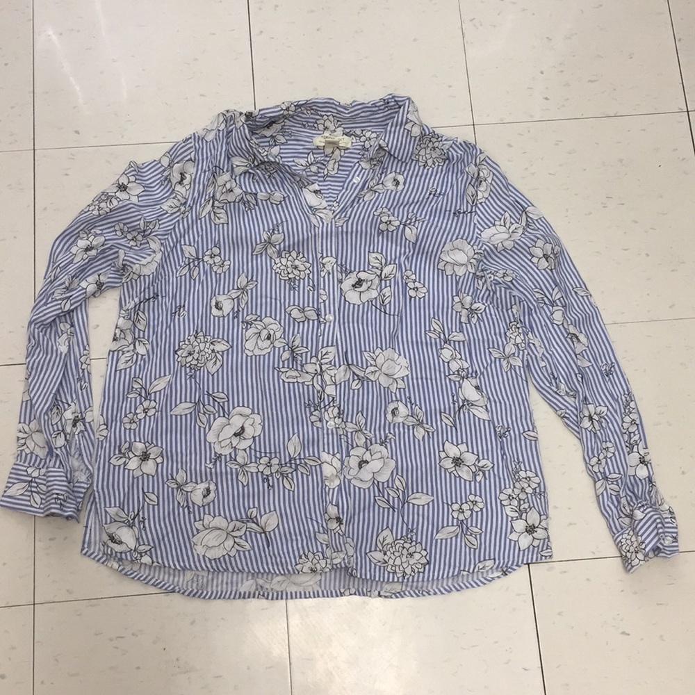 Blue & White Stripes Button Up with Flowers